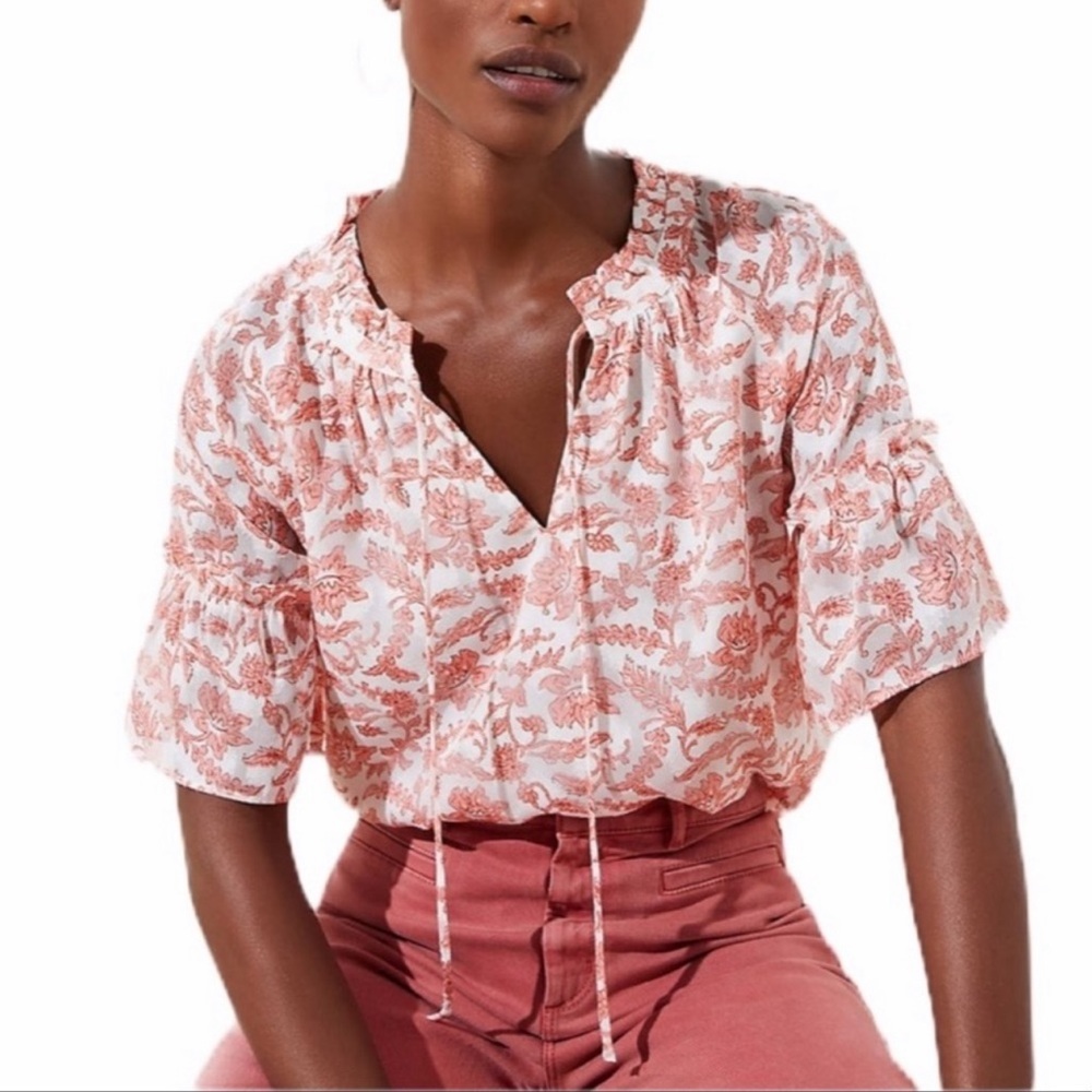 LOFT Clip Dot Ruffle Cuff Top Peach Size Small